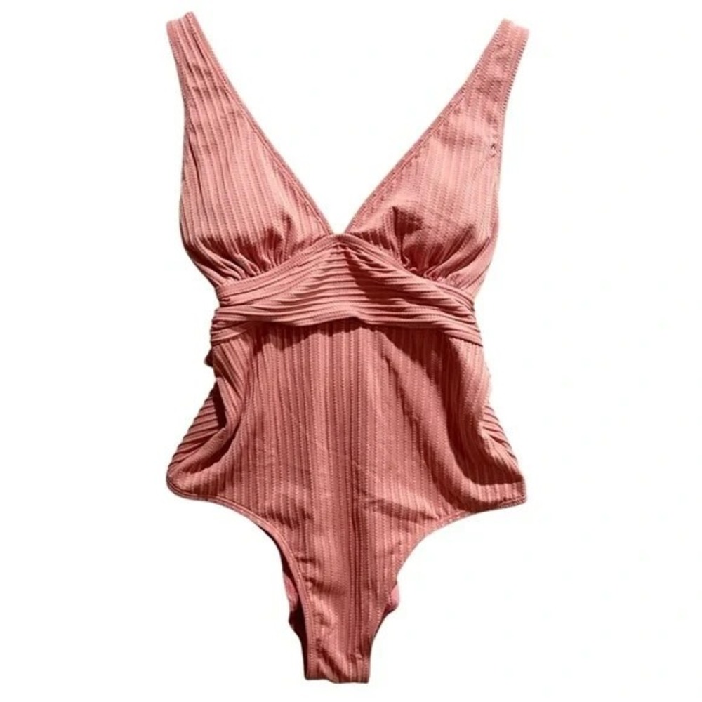 Ruched Ribbed Plunge One Piece Swimsuit‎ Mauve Pink V Neck Sexy Bathing Suit